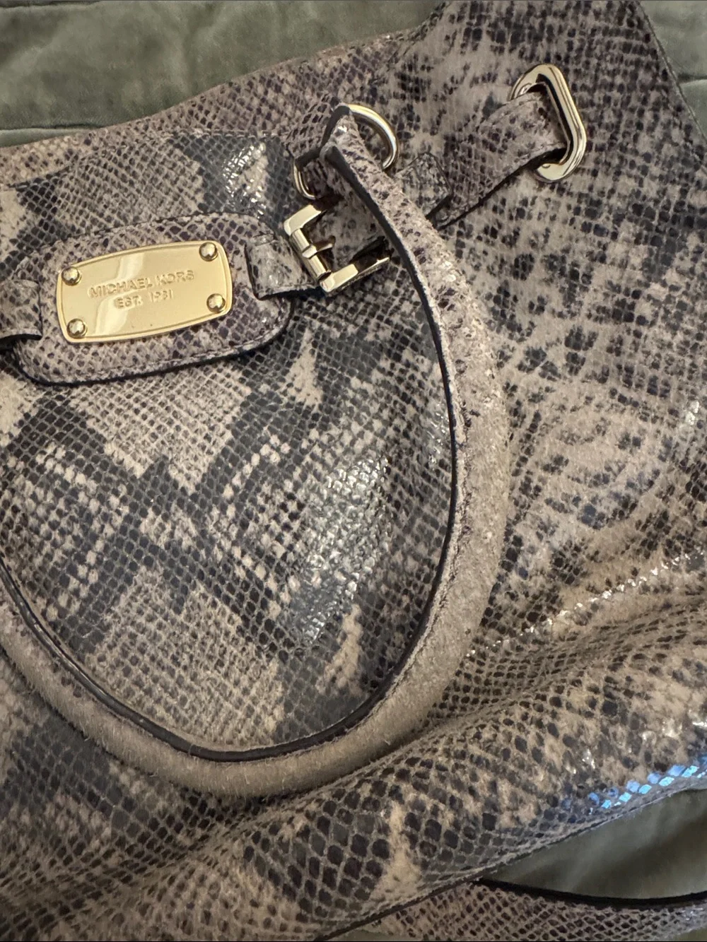 Michael Kors Snake-Print Leather Shoulder Bag in Taupe and Dark Brown